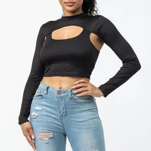 Love J Pullover Shrug Cut Out Crop Top--Black